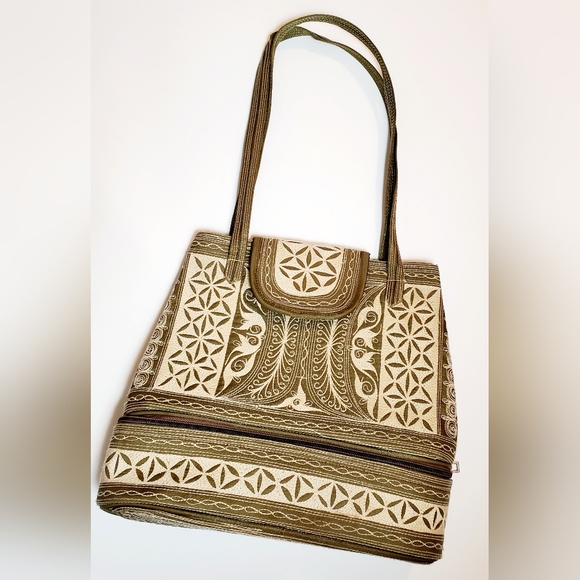 Handbags - Ethnic Handmade Embroidered Silk Shoulder Bag with Bottom Storage Compartment